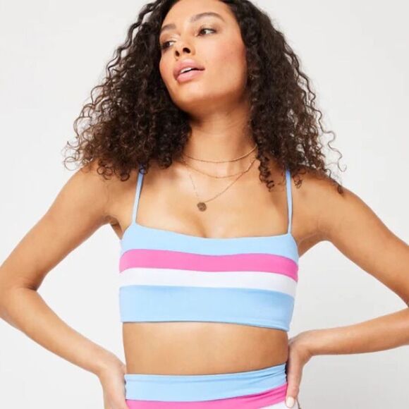L*SPACE Rebel Blue Pink Striped Bandeau Bikini Top Size XS New - Picture 1 of 6